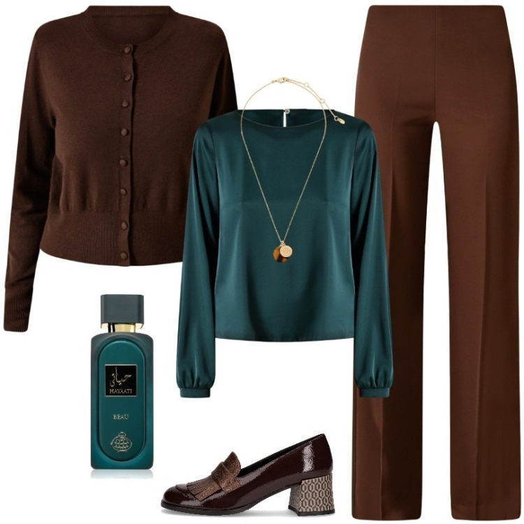 Outfit donna - Verde e marrone elegante e sofisticato. Stile Chic per Serata fuori. Abbinamento con profumi, pantaloni a palazzo, cardigans, bluse, collane, mocassini.