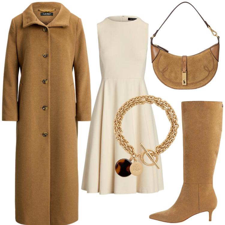Outfit donna - Delicato outfit. Stile Romantica per Serata fuori. Abbinamento con vestiti senza maniche, borse a spalla, braccialetti con ciondoli, stivali, cappotti.