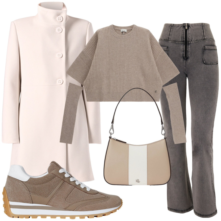 Outfit donna - Sportive e chic. Stile Glamour per Tutti i giorni. Abbinamento con cappotti, jeans, maglieria, sneakers, borse a spalla.