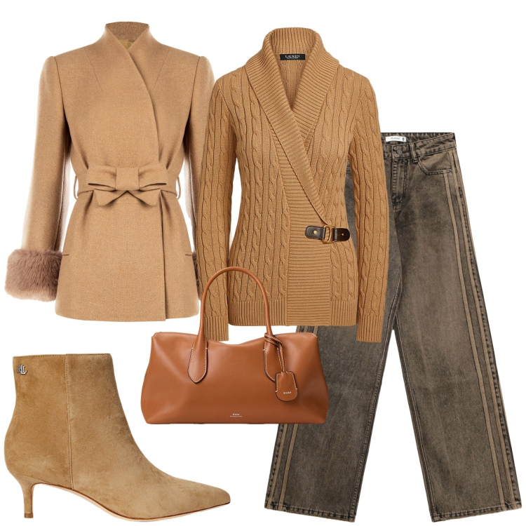 Outfit donna - Colorí autunnali. Stile Casual chic per Tutti i giorni. Abbinamento con cappotti, jeans, maglieria, stivaletti, borse a mano.