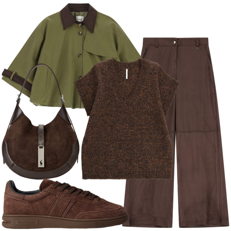 Outfit donna - Un caldo marrone. Stile Glamour per Tutti i giorni. Abbinamento con maglieria, pantaloni a palazzo, parka, borse a spalla, sneakers.