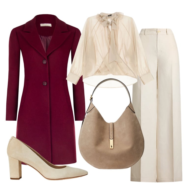 Outfit donna - Eleganti in ufficio. Stile Casual chic per Ufficio. Abbinamento con bluse, cappotti, borse a spalla, décolleté, pantaloni.