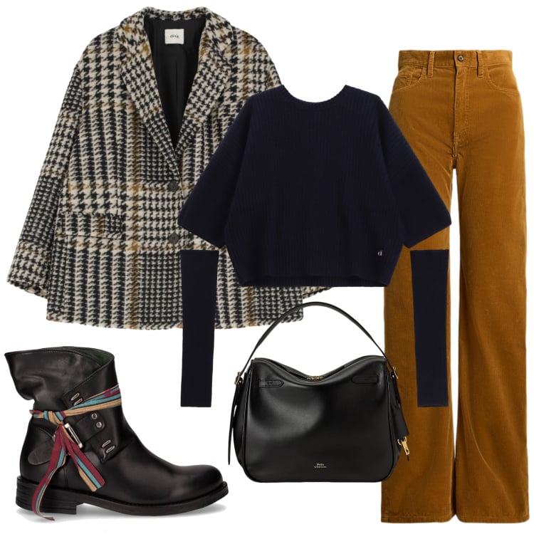 Outfit donna - Nero e marrone. Stile Glamour per Tutti i giorni. Abbinamento con maglieria, blazer, borse a mano, pantaloni, anfibi.