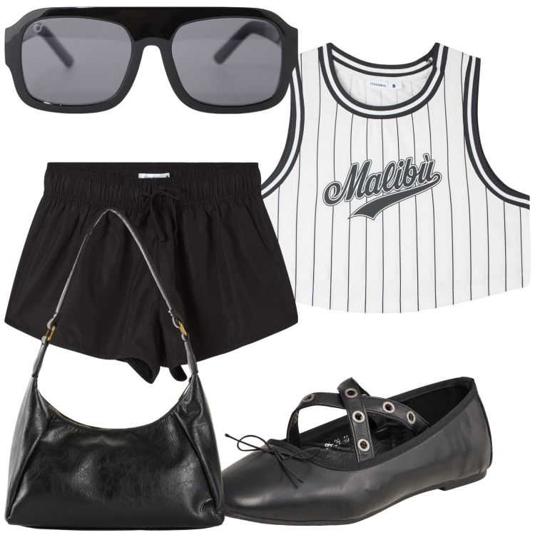 Outfit donna - W la California. Stile Sporty chic per Tutti i giorni. Abbinamento con borse a mano, pantaloni corti, canottiere, ballerine, occhiali da sole.
