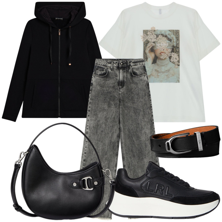 Outfit donna - Lunedì pomeriggio. Stile Casual chic per Tutti i giorni. Abbinamento con t-shirt, felpe con cappuccio, jeans, braccialetti, borse a tracolla, sneakers.