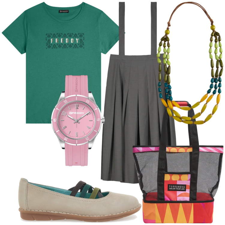 Outfit donna - La giornata è colorata. Stile Trendy per Tutti i giorni. Abbinamento con borse tote, t-shirt, orologi, ballerine, gonne lunghe, collane.