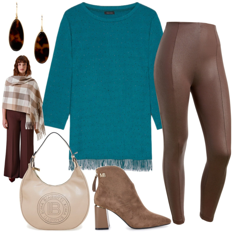 Outfit donna - Ottanio e marrone!. Stile Casual chic per Tutti i giorni. Abbinamento con sciarpe, pantaloni skinny, orecchini, borse a spalla, bluse, stivaletti.