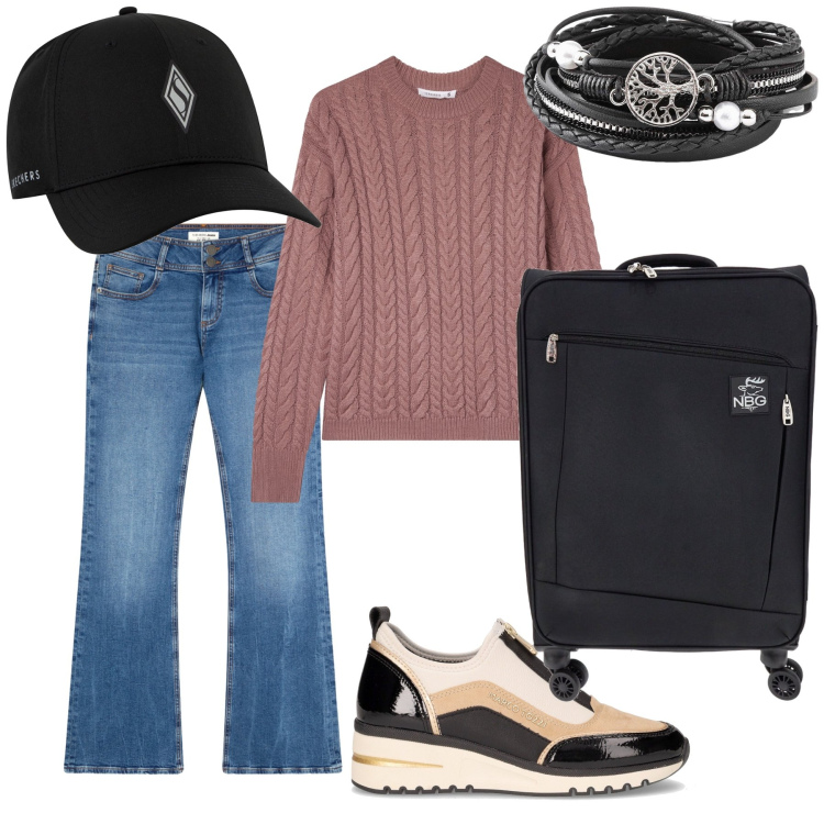 Outfit donna - Vacanza di ottobre. Stile Casual chic per Tutti i giorni. Abbinamento con braccialetti, maglieria, jeans a zampa, sneakers alte, cappelli con visiera, valigie.