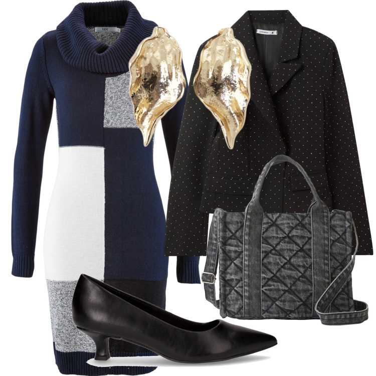 Outfit donna - Un tocco dorato in ufficio. Stile Urban per Tutti i giorni. Abbinamento con vestiti midi/longuette, borse a mano, blazer, orecchini, décolleté.
