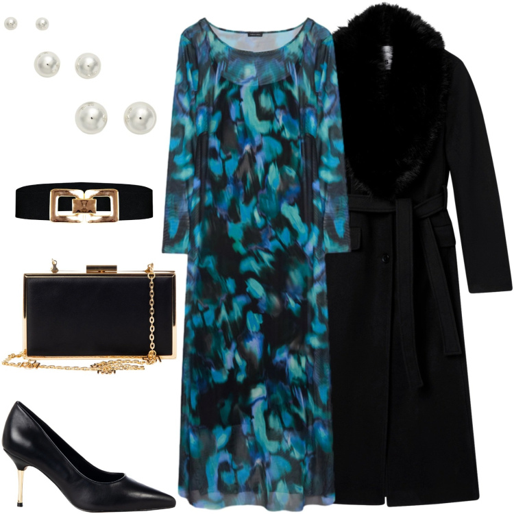 Outfit donna - Abito ottanio. Stile Chic per Cerimonia. Abbinamento con cappotti, cinture, décolleté, pochette, orecchini, vestiti lunghi.