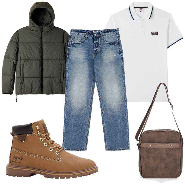 Outfit uomo - Total look #2259917. Stile Trendy per Tutti i giorni. Abbinamento con stivali e stivaletti, bomber, polo, jeans, portafogli.