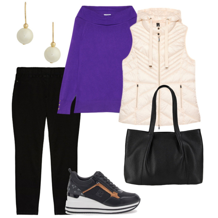 Outfit donna - Fiorella Rubino. per Tutti i giorni. Abbinamento con shopping bag, orecchini, piumini, sneakers, jeggings, maglieria.