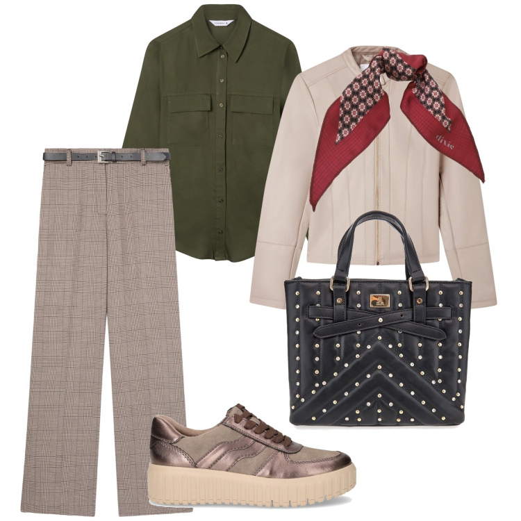 Outfit donna - Commissioni di lunedì. per Tutti i giorni. Abbinamento con camicie, giacche, pantaloni, foulard, borse a mano, sneakers.
