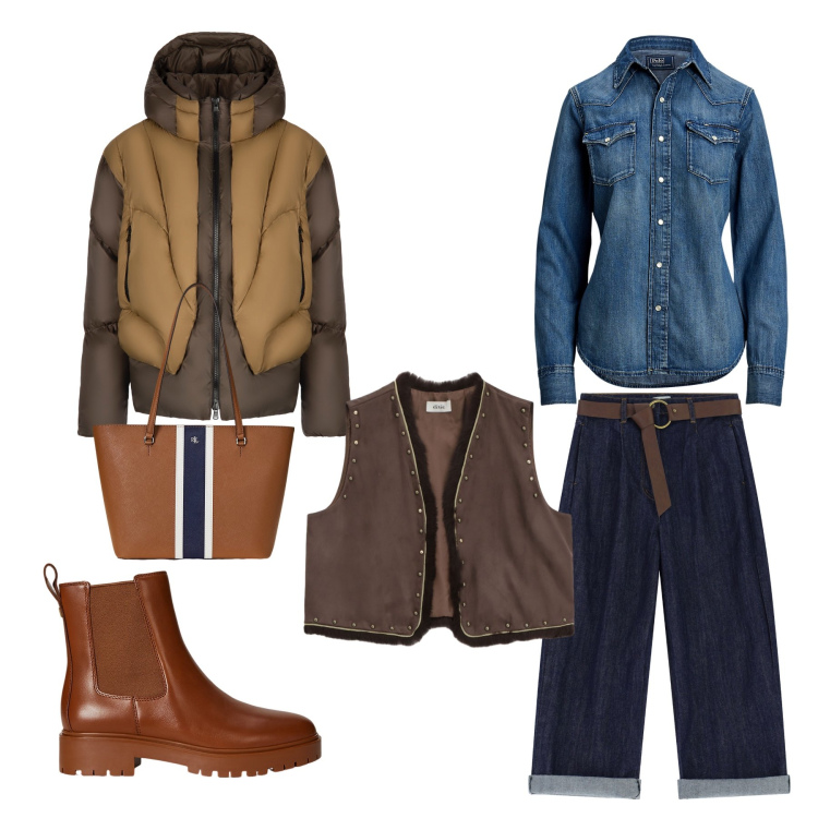 Outfit donna - Blue-brown passion. Stile Casual per Tutti i giorni. Abbinamento con piumini, gilet, jeans, borse tote, camicie, stivaletti chelsea.