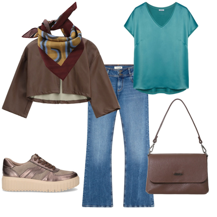 Outfit donna - Total look #2259932. Stile Casual per Tutti i giorni. Abbinamento con jeans a zampa, giacche, borse a tracolla, foulard, bluse, sneakers.