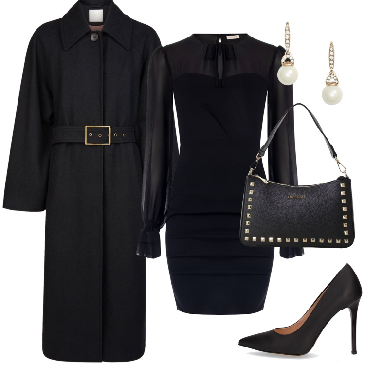 Outfit donna - Mi porti a cena?. Stile Glamour per Serata fuori. Abbinamento con vestiti a tubino, pochette, orecchini, cappotti, décolleté.
