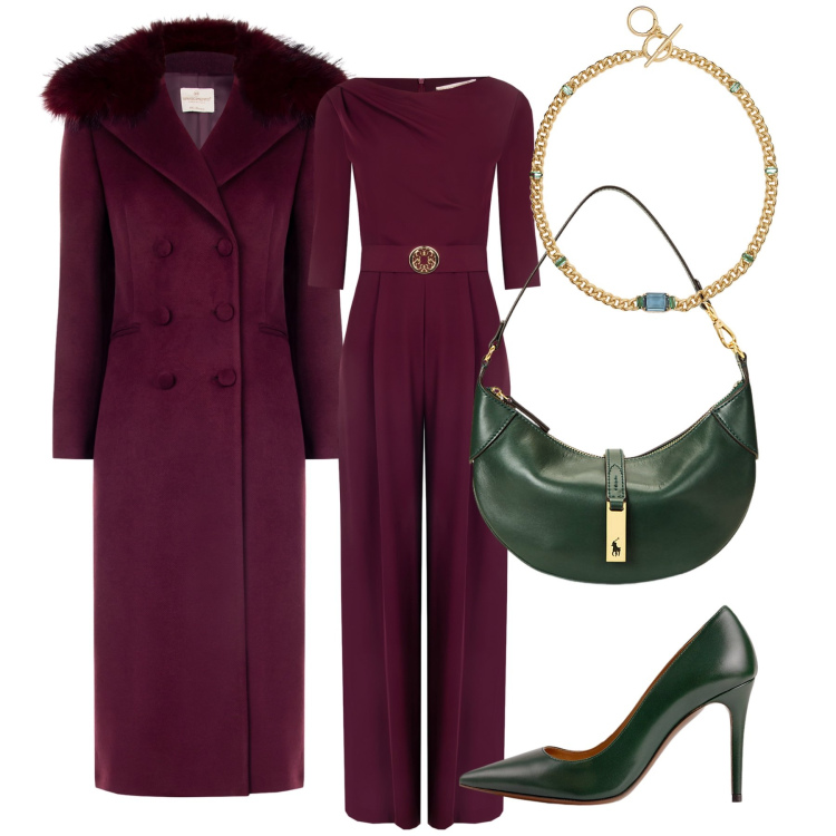 Outfit donna - Borgogna e verde. Stile Glamour per Serata fuori. Abbinamento con tute, cappotti, borse a spalla, décolleté, collane.