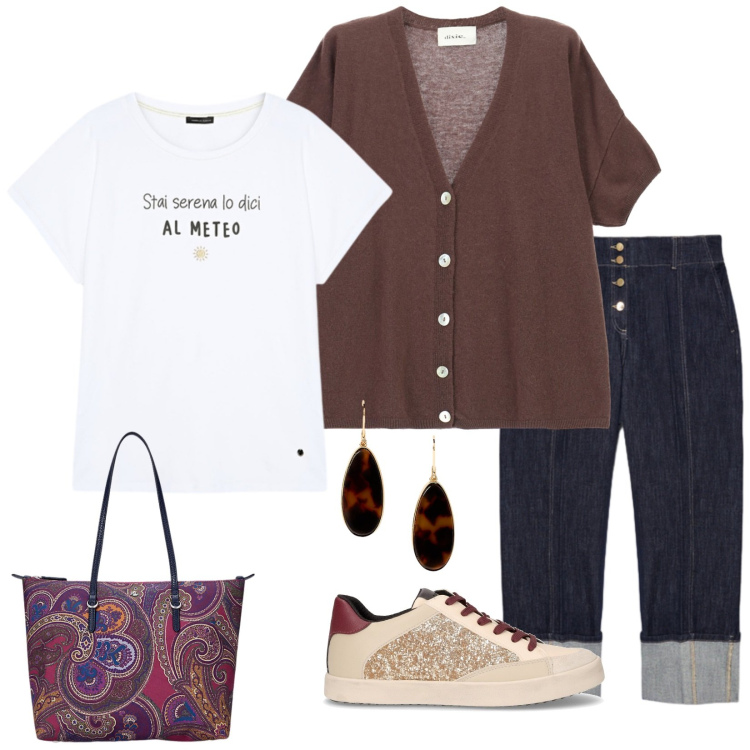 Outfit donna - Commissioni quotidiane. Stile Casual per Tutti i giorni. Abbinamento con cardigans, borse tote, orecchini, jeans, sneakers, t-shirt.