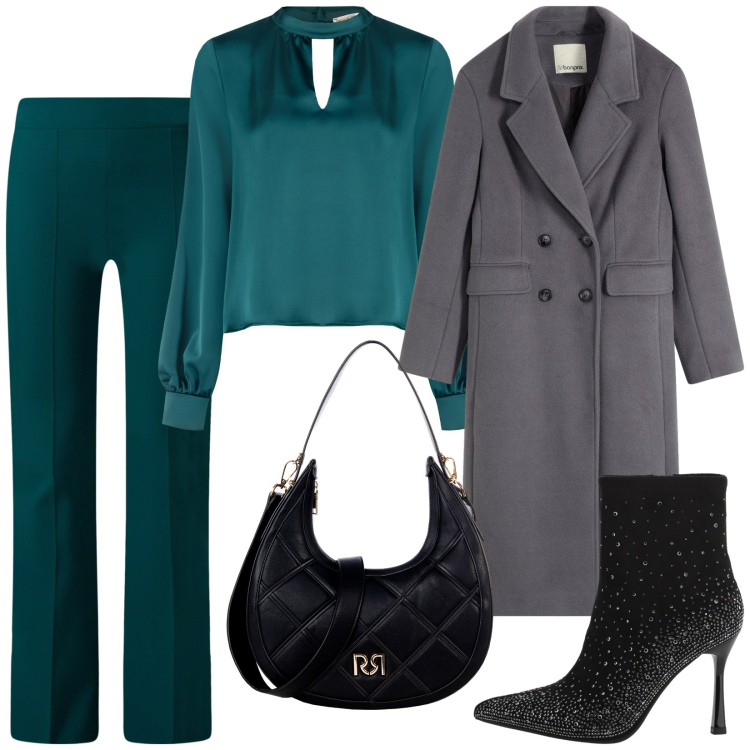 Outfit donna - Total look #2259947. Stile Chic per Serata fuori. Abbinamento con cappotti, bluse, borse a tracolla, pantaloni a palazzo, stivaletti.