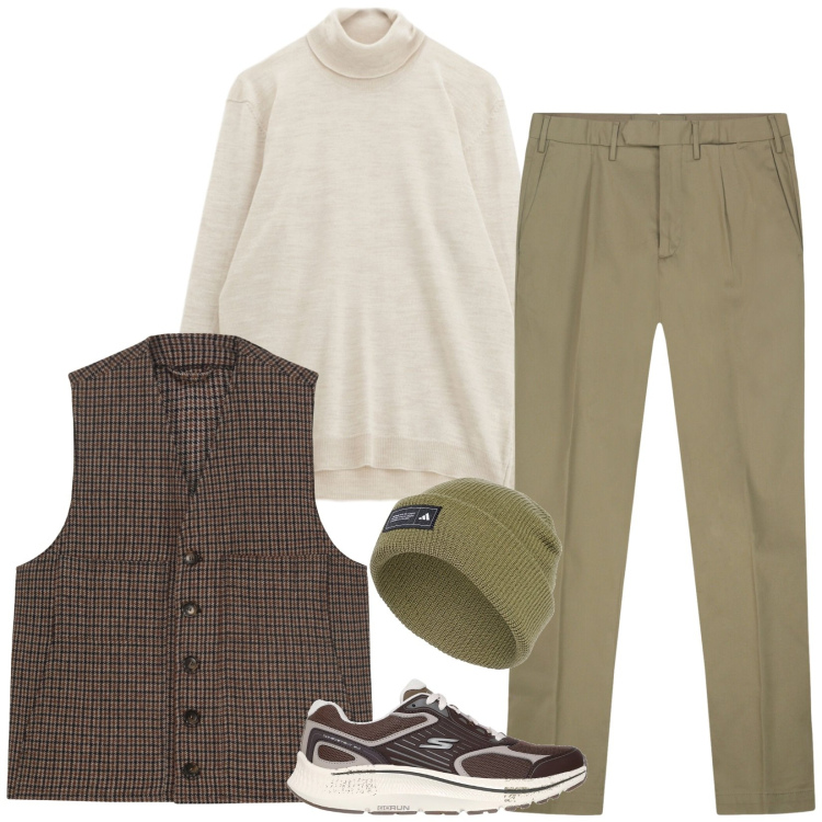 Outfit uomo - Per funghi. Stile Casual per Sport. Abbinamento con maglieria, berretti, gilet, pantaloni, sneakers.