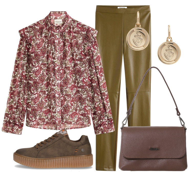 Outfit donna - Glamour in autunno. Stile Glamour per Tutti i giorni. Abbinamento con pantaloni, camicie, borse a tracolla, orecchini, sneakers.
