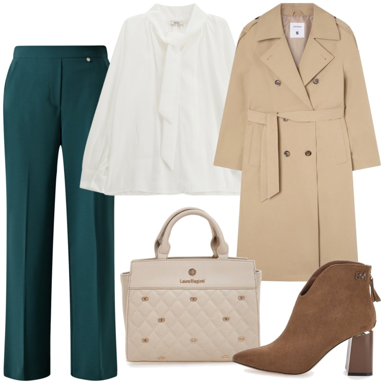 Outfit donna - Total look #2259960. Stile Chic per Ufficio. Abbinamento con trench, pantaloni, bluse, stivaletti, borse a mano.