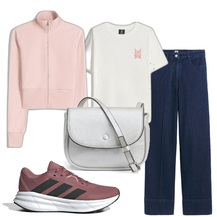 Outfit mujer - Casual look. Estilo Casual para Todos los días. Combinación con vaqueros, sneakers, camiseta, sudaderas, bolsos de mano.