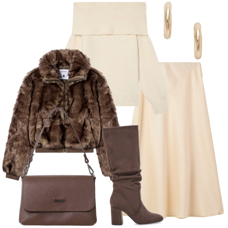 Outfit donna - Luminosità. Stile Glamour per Serata fuori. Abbinamento con gonne lunghe, ecopellicce, maglieria, borse a tracolla, orecchini, stivali sopra il ginocchio.