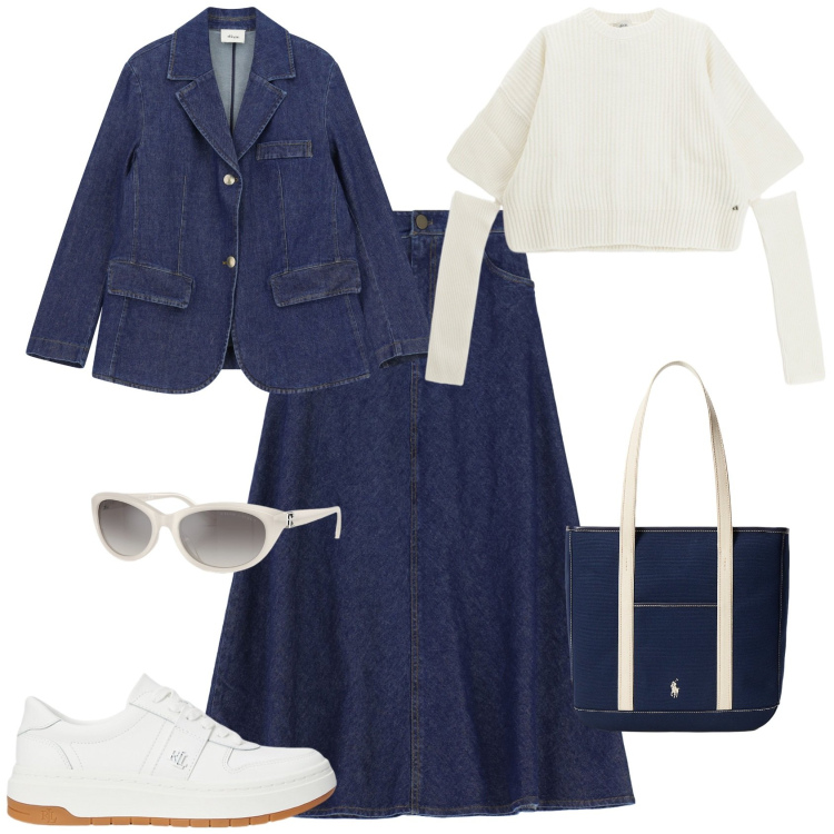 Outfit donna - Total look #2259980. Stile Sporty chic per Tutti i giorni. Abbinamento con blazer, maglieria, gonne lunghe, occhiali da sole, sneakers, borse tote.
