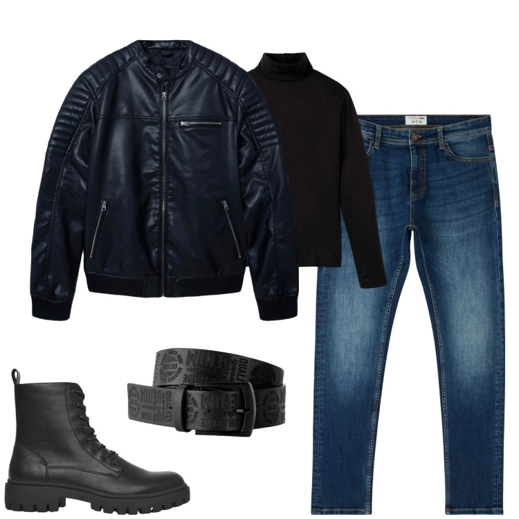 Outfit uomo - Biker. Stile Biker Rock per Tutti i giorni. Abbinamento con cinture, maglieria, jeans skinny, giacche, anfibi.