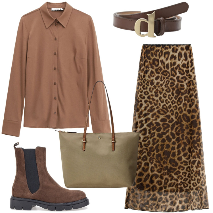 Outfit donna - Workwear. Stile Trendy per Ufficio. Abbinamento con camicie, gonne lunghe, cinture, borse tote, stivaletti chelsea.
