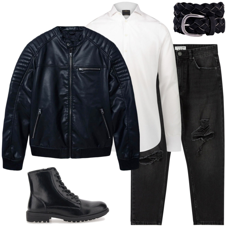 Outfit uomo - Giacca in pelle nera!. Stile Biker Rock per Tutti i giorni. Abbinamento con jeans strappati, giacche, camicie, cinture, anfibi.