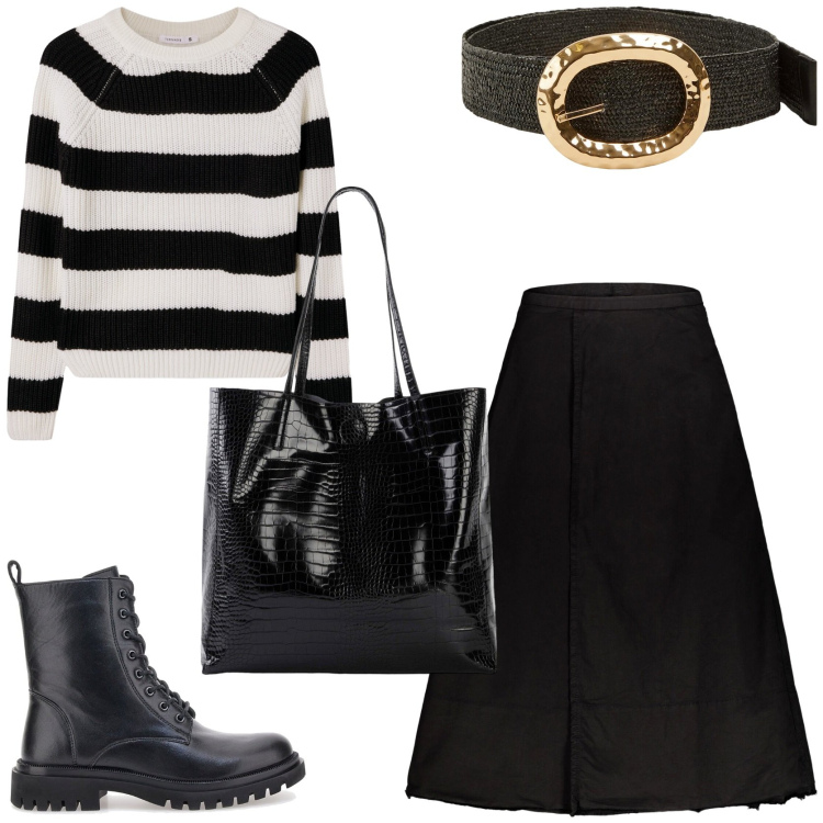 Outfit donna - Il maglioncino a righe. Stile Trendy per Tutti i giorni. Abbinamento con shopping bag, cinture, maglieria, gonne lunghe, anfibi.
