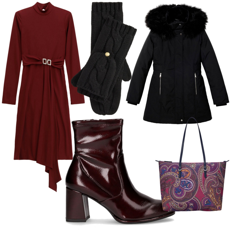 Outfit donna - Serata in uno chalet. Stile Chic per Serata fuori. Abbinamento con parka, vestiti midi/longuette, borse tote, guanti, stivaletti.