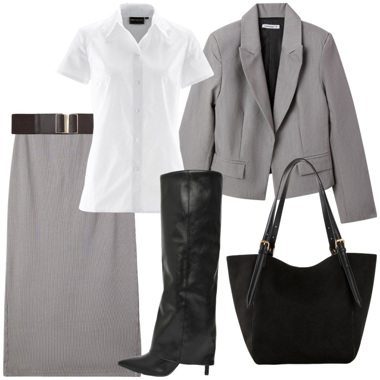 Outfit donna - Donna in carriera. Stile Trendy per Ufficio. Abbinamento con shopping bag, camicie a manica corta, blazer, gonne longuette, stivali, cinture.
