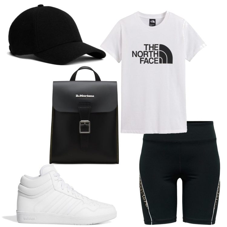 Outfit mujer - Deportes. Estilo Casual para Deporte. Combinación con sneakers, mochilas, camiseta, sombreros, shorts.