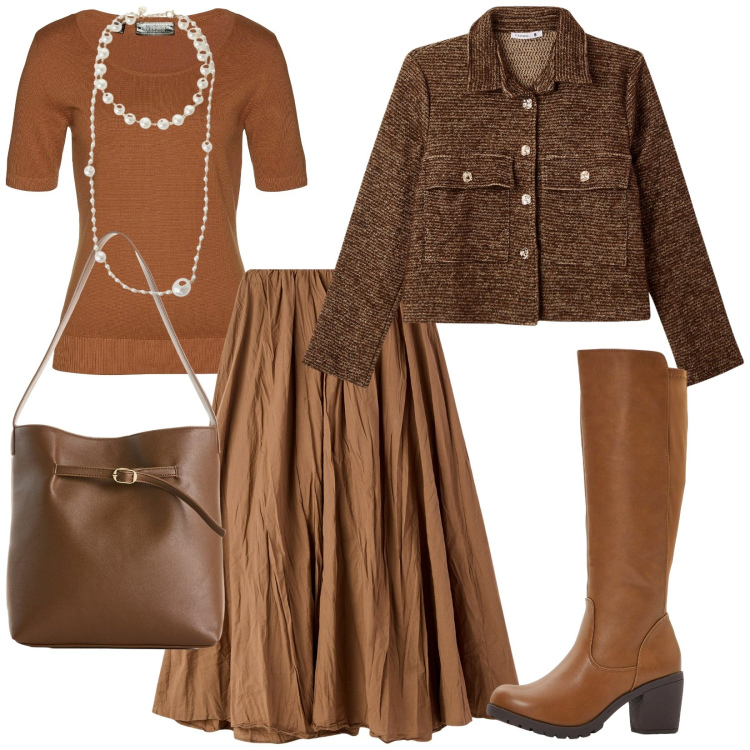 Outfit donna - Bon ton con grinta. Stile Bon Ton per Tutti i giorni. Abbinamento con stivali, maglieria, borse a mano, gonne lunghe, blazer, collane.