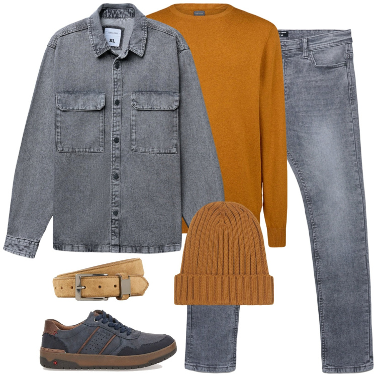 Outfit uomo - Denim grigio e tocco ocra. Stile Urban per Tutti i giorni. Abbinamento con cinture, cappotti, jeans skinny, maglieria, berretti, sneakers.