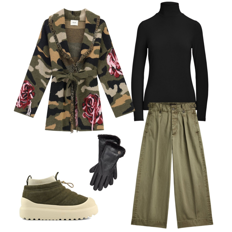 Outfit donna - Ever “green”. Stile Military per Scuola/Università. Abbinamento con cardigans, pantaloni, top, guanti, stivaletti.