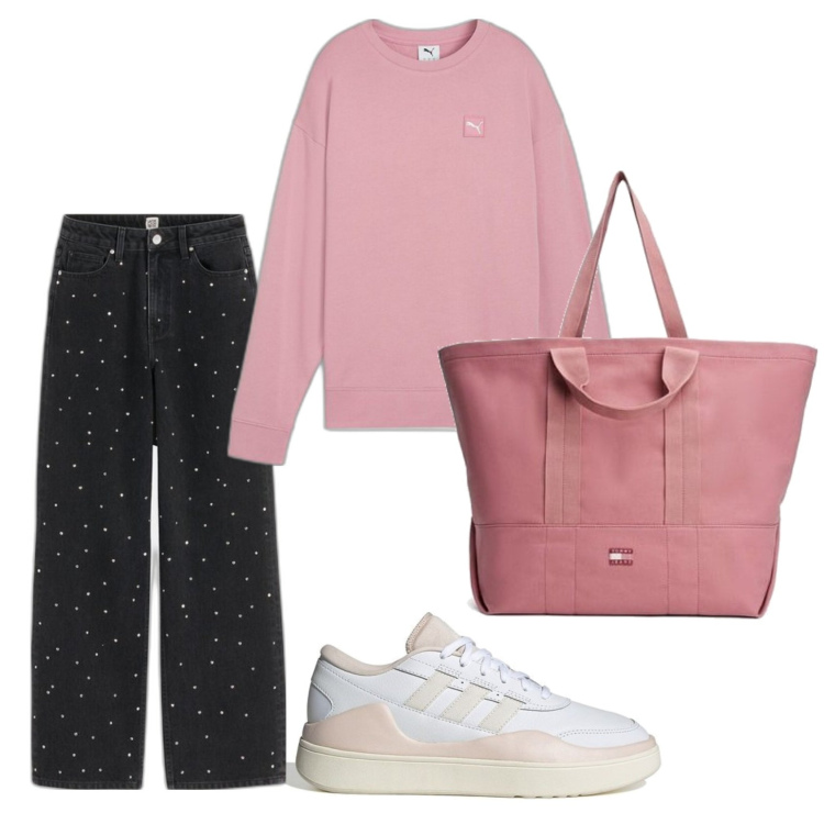 Outfit mujer - Casual look. Estilo Casual para Todos los días. Combinación con vaqueros pata de elefante, bolso tote, sudaderas, sneakers.