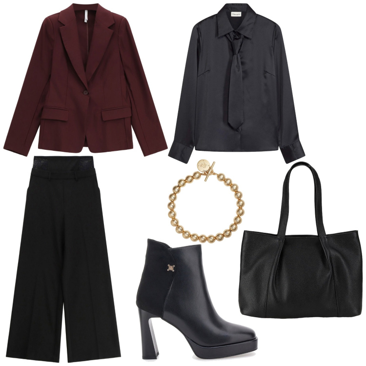 Outfit donna - Total look #2260018. Stile Casual chic per Ufficio. Abbinamento con shopping bag, camicie, pantaloni a palazzo, blazer, braccialetti, stivaletti.