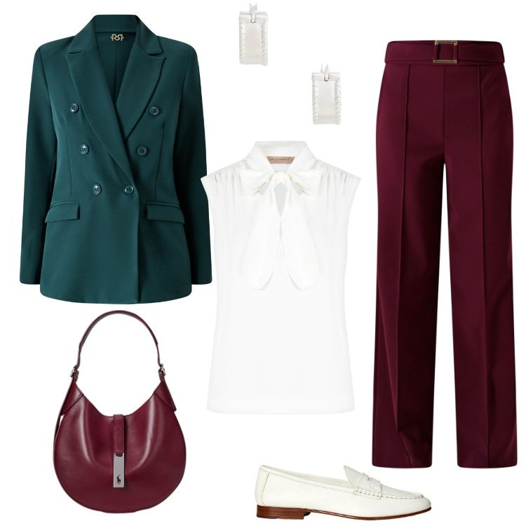 Outfit donna - i colori dell\'autunno. Stile Chic per Ufficio. Abbinamento con blazer, pantaloni, top, mocassini, orecchini, borse a spalla.