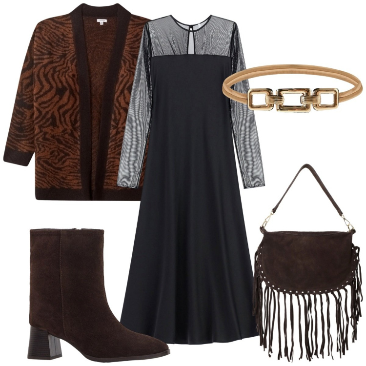 Outfit donna - Total look #2260027. Stile Boho per Tutti i giorni. Abbinamento con stivaletti, cardigans, borse a tracolla, cinture, vestiti lunghi.