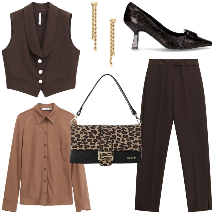 Outfit donna - Cerimonia autunnale. Stile Chic per Cerimonia. Abbinamento con camicie, gilet, borse a spalla, pantaloni, orecchini, décolleté.