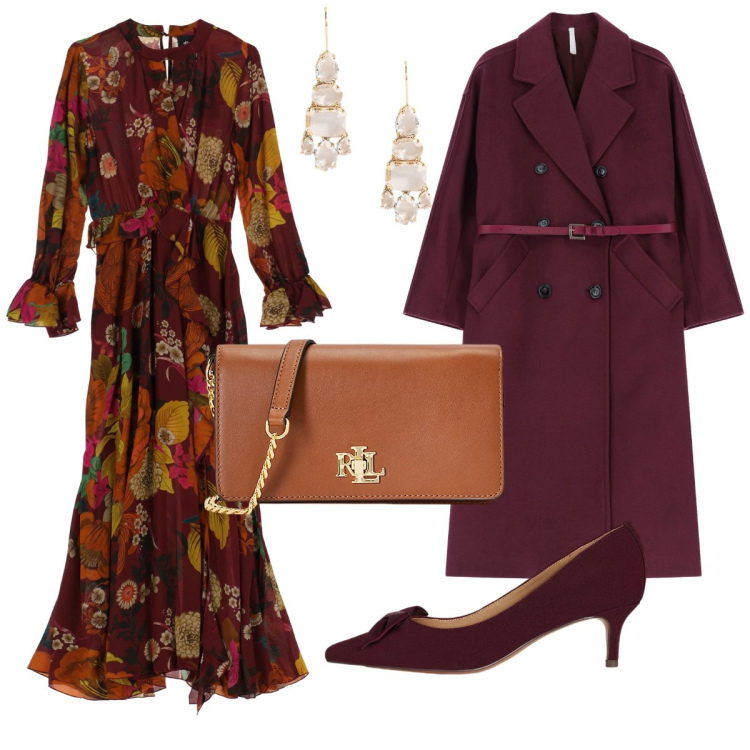 Outfit donna - Cerimonia ad ottobre. Stile Chic per Cerimonia. Abbinamento con cappotti, vestiti lunghi, borse a mano, décolleté, orecchini.