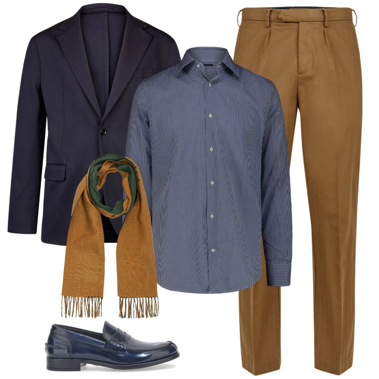 Outfit uomo - Un uomo serio. Stile Business/Elegante per Ufficio. Abbinamento con giacche, pantaloni, scarpe stringate, camicie, sciarpe.