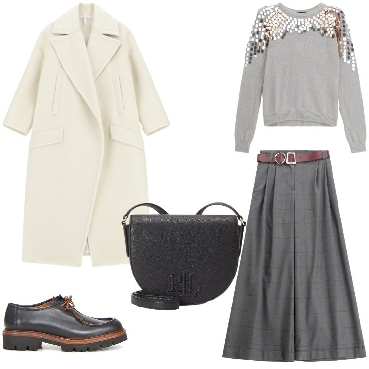 Outfit donna - inverno. Stile Chic per Tutti i giorni. Abbinamento con pullovers, pantaloni, cappotti, borse a tracolla, mocassini.