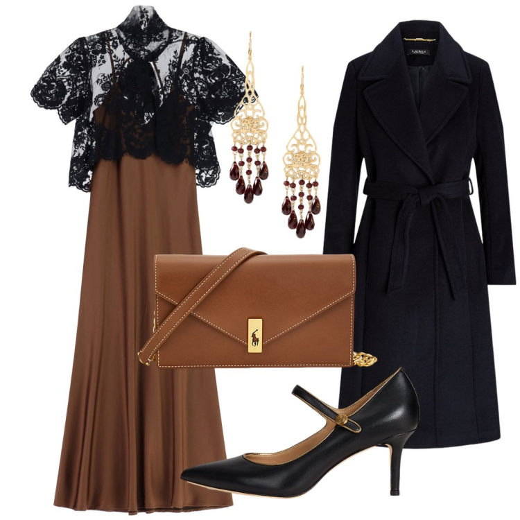 Outfit donna - A teatro. Stile Chic per Serata fuori. Abbinamento con vestiti lunghi, cappotti, clutch, décolleté, orecchini.