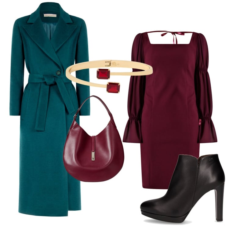 Outfit donna - Ottanio power. Stile Chic per Serata fuori. Abbinamento con cappotti, vestiti a tubino, borse a spalla, braccialetti, stivaletti.