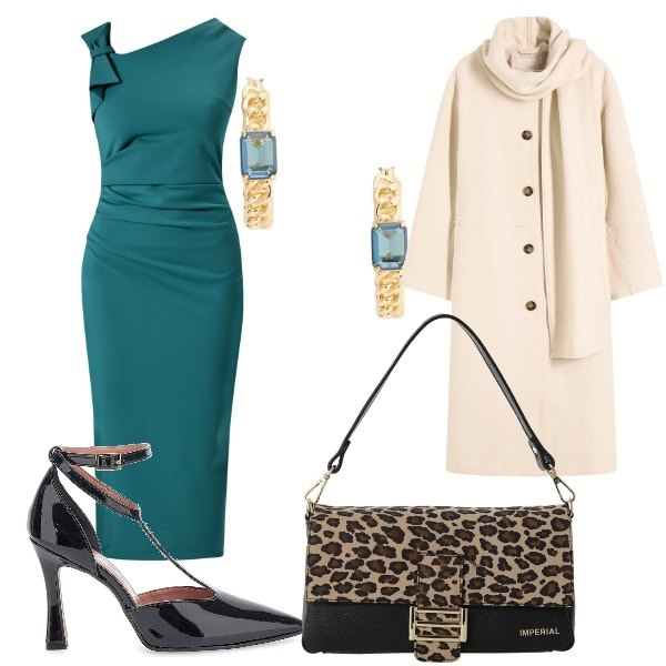 Outfit donna - l\'abito color ottanio. Stile Vintage retrò per Serata fuori. Abbinamento con cappotti, vestiti a tubino, borse a spalla, orecchini, décolleté.